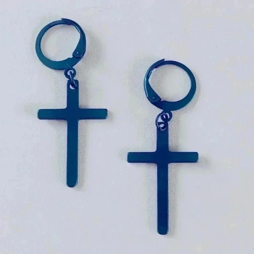 Blue Christian Cross on Hoop Stainless Steel Earrings NWT